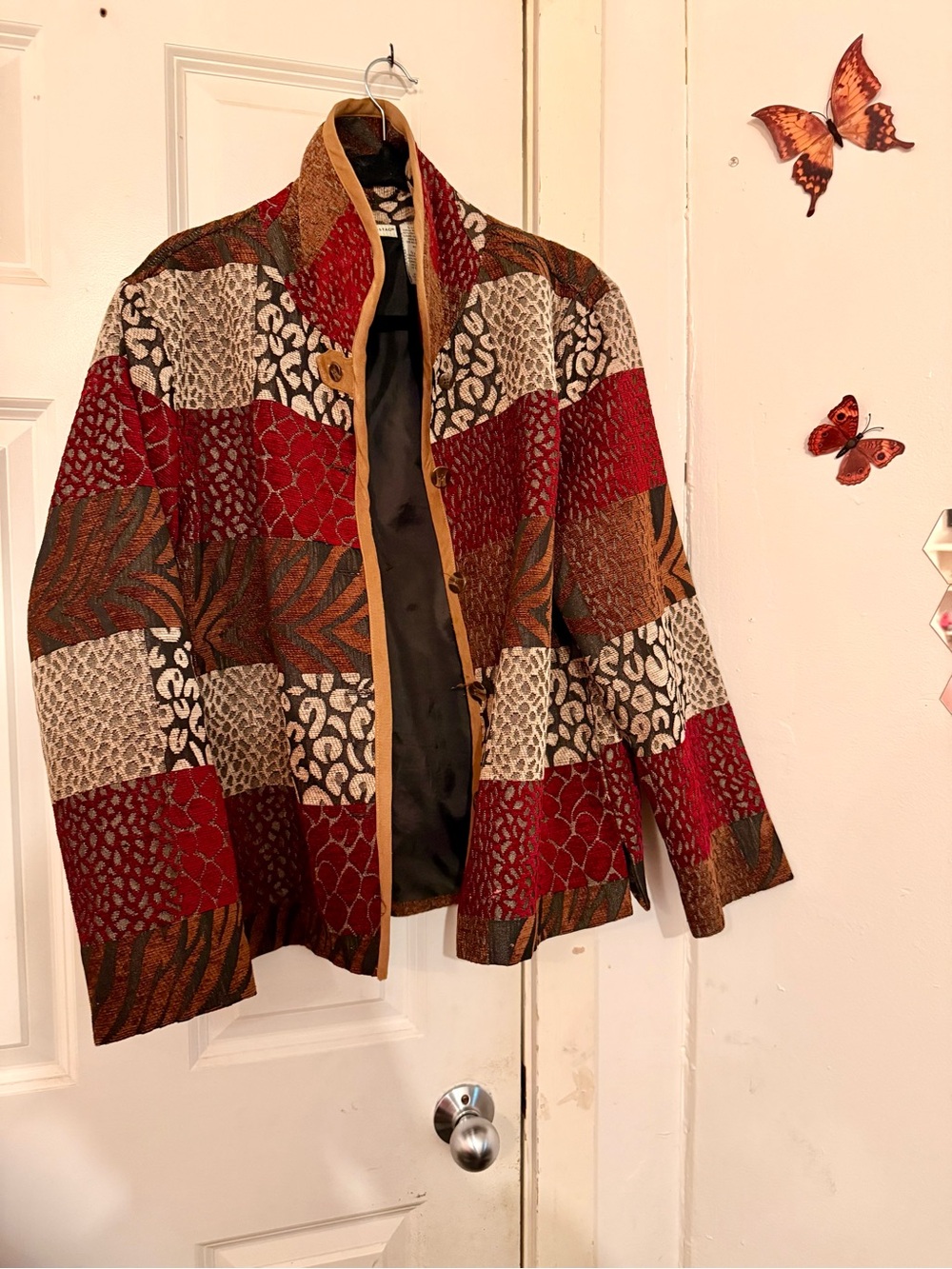 Vintage Women’s Patchwork Patterned Jacket in Red, Brown & Cream